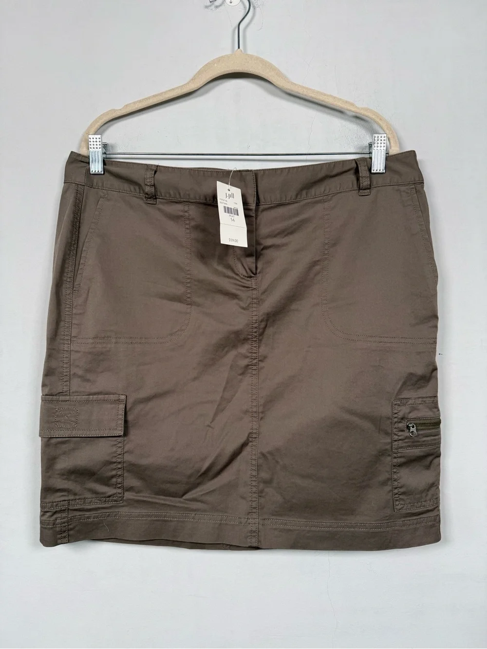 J. Jill Brown Chino Cotton Stretch Utility Cargo Mini Skirt Size 14 NWT